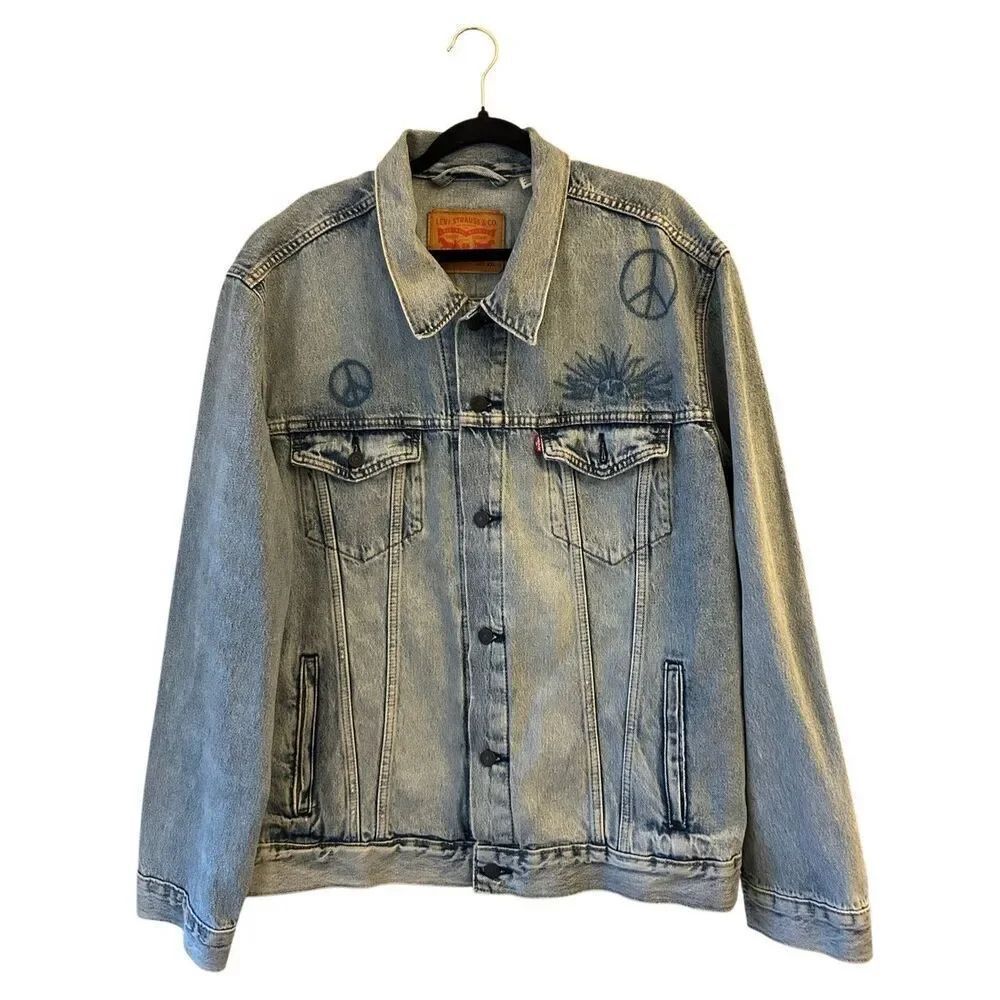 Levi's men's peace sun trucker denim jacket size XL hippie graphic